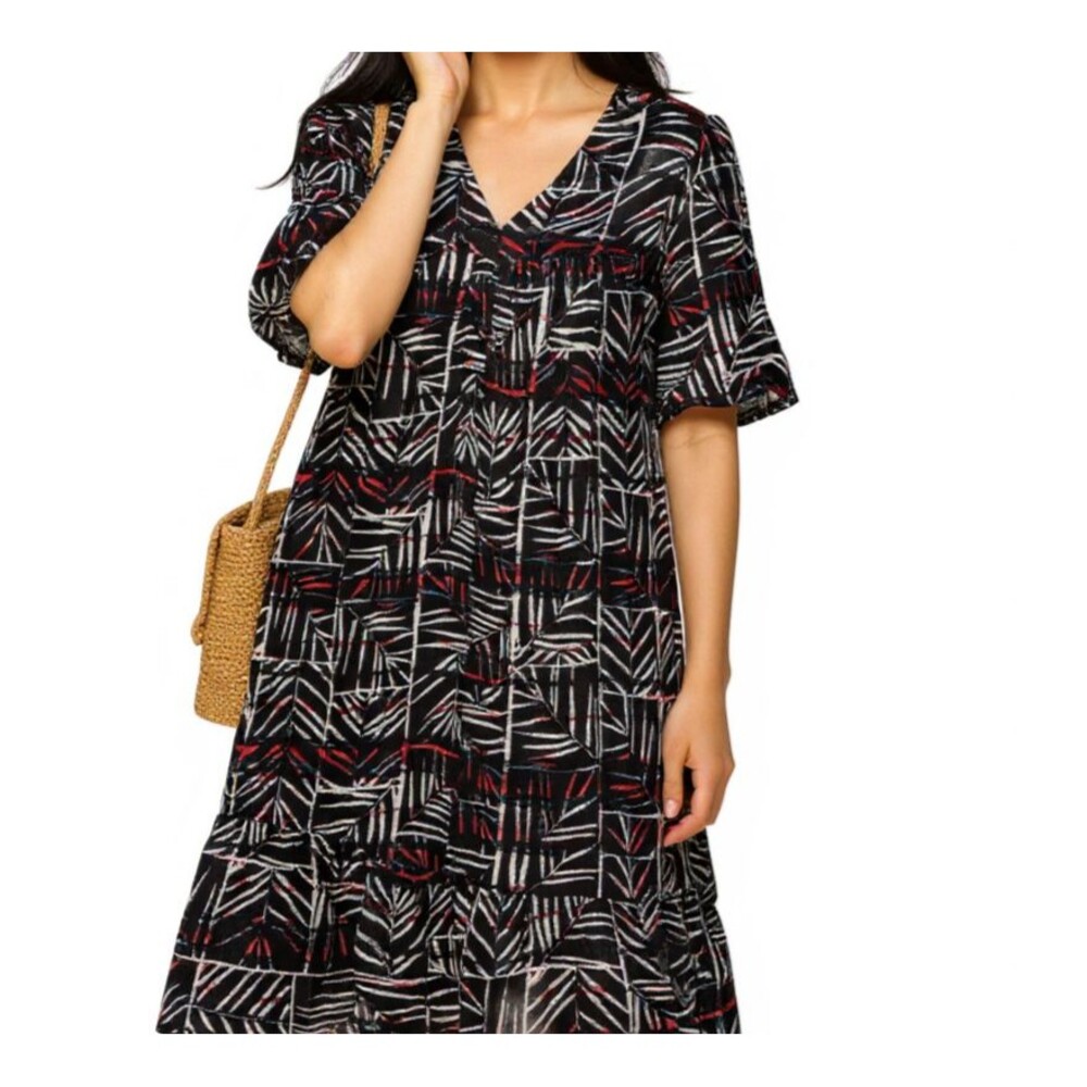Go Softly Patio Dress Size Large Crinkled Muu Muu Batik Black Midi Short Sleeve